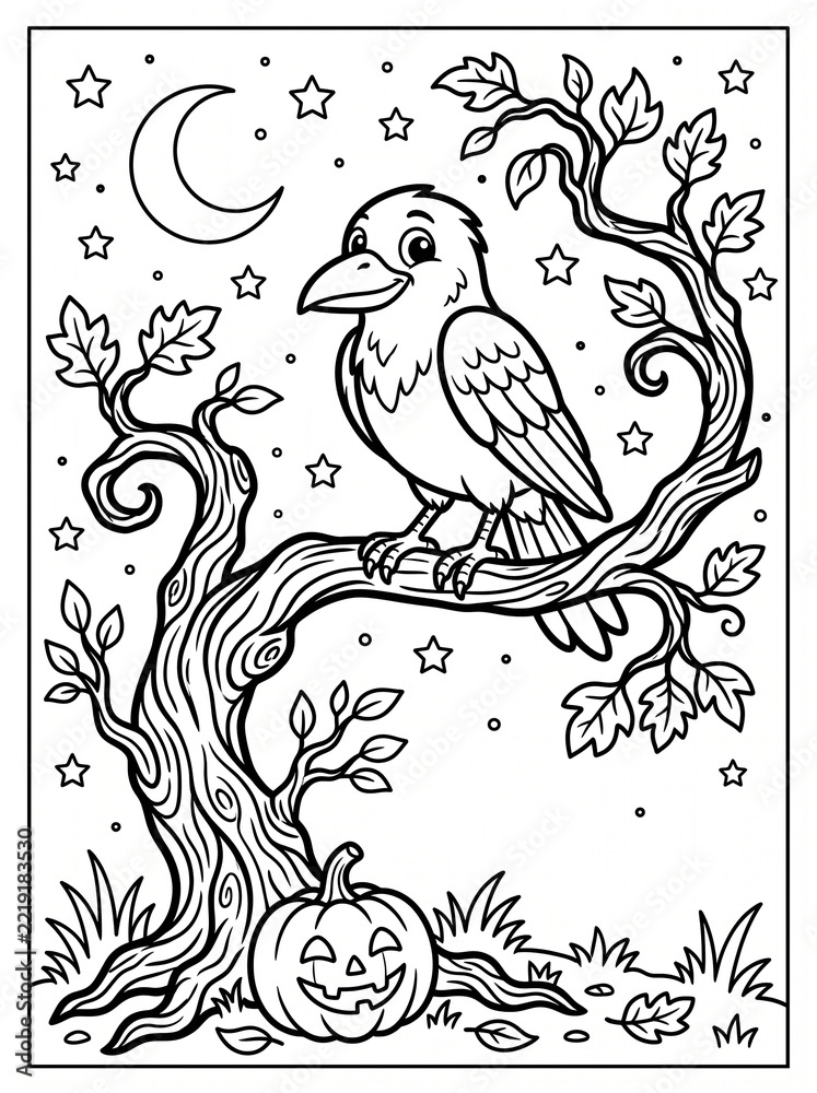 Fototapeta premium Vertical black and white Halloween coloring page with cartoon raven crow perched on twisted oak tree branch over pumpkin. 