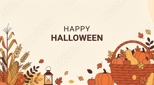 Happy Halloween Autumn Harvest Banner with Pumpkins and Leaves