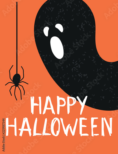 Happy Halloween card. Ghost scared by spider. Flat vector.