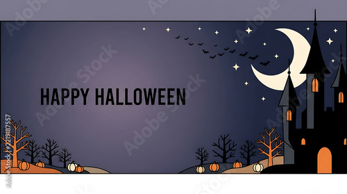 Happy Halloween Moonlit Castle Banner with Spooky Night Scene