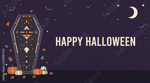 Happy Halloween Decorative Coffin Banner with Pumpkins and Bats