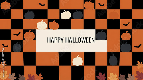 Happy Halloween Black and Orange Checkerboard Banner Background