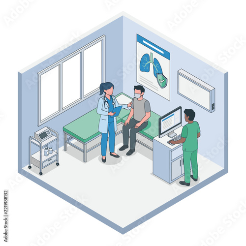 Isometric medical clinic with doctors and patient in examination room.