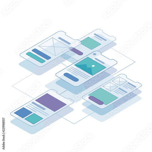 Isometric mobile application user interface UI design layouts.