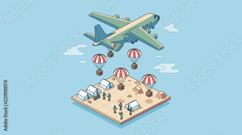 Isometric military cargo plane dropping supplies to aid camp.