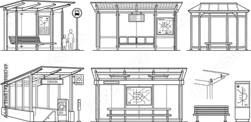 Minimalist bus stop line icons and transit shelter vector set, modern public transport station illustrations for urban planning.
