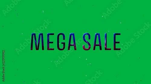 Animation of mega sale text shiny purple and blue, with floating particles on transparent background
