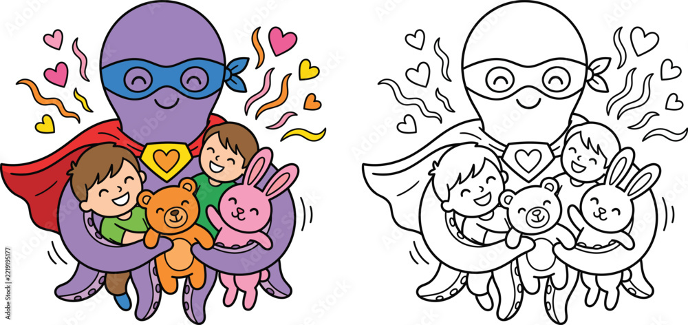 Fototapeta premium Super Hero Octopus Hugging Children and Toys Cute Cartoon Coloring Page Illustration