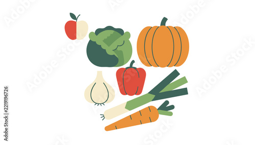 Collection of fresh organic food including apple, cabbage, pumpkin, garlic, red bell pepper, leeks, and carrot isolated on a white background.