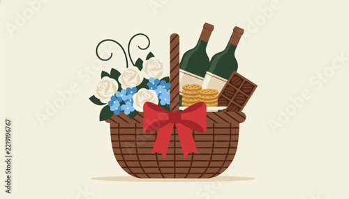 Woven picnic gift basket decorated with a red ribbon containing white and blue flowers, wine bottles, chocolate bar, and round cookies.