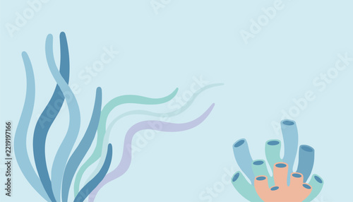 Colorful underwater scene featuring sea anemones and tube corals in shades of blue, green, and coral on a pale blue background.