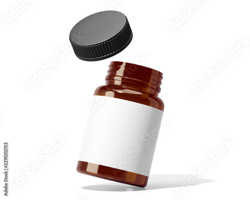 Amber plastic supplement bottle with label isolated on transparent background. medicine bottle. png. Prepared For Mockup. 3D Render.