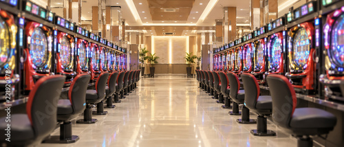 カラフルな遊技台が並ぶパチンコホールの店内