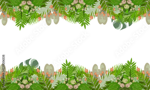 Horizontal floral border or frame made of tropical leaves and berries vector illustration isolated on white background