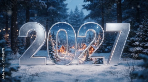 Frosted 2027 Numbers in Snowy Forest Scene with Cozy Lights.