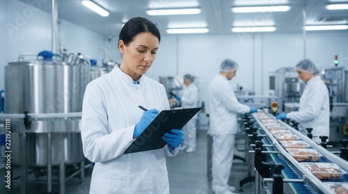 Technicians in hygienic attire performing quality control in a modern food production facility