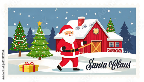 A festive Christmas postage stamp featuring Santa Claus standing in a snowy landscape beside decorated pine trees, a red house, and a wrapped gift box.