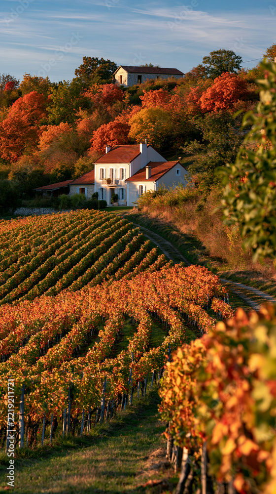 Fototapeta premium a picturesque vineyard during autumn. A white house with a red roof is the main subject, surrounded by rows of grapevines displaying vibrant red, orange, and yellow leaves.