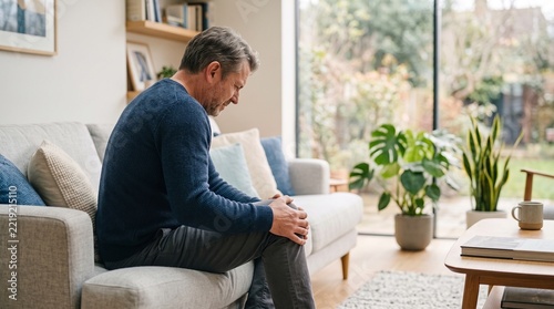 Man sitting on a sofa at home holding his sore knee, knee joint pain concept in a bright living room
