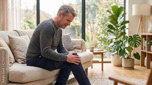 Pained middle-aged man in a gray sweater sitting on a sofa clutching his knee in a bright living room