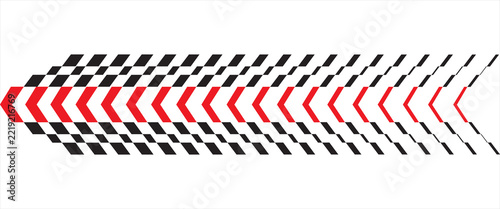 Dynamic red and black checkered arrow pattern isolated on a white background, perfect for racing decals, sports livery, and automotive graphics.