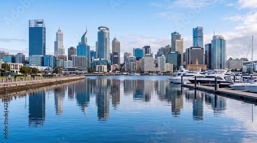 A panoramic view captures the impressive Perth city skyline reflecting over the calm waters of the Swan River while numerous yachts remain docked along the harbor under a beautiful blue summer