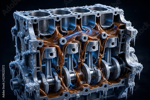 Engine block cross section with frozen thick motor oil and ice frost showing cold temperature startup lubrication failure.