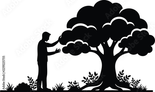 Black and White Silhouette Vector Illustration of a Person Caring for and Touching a Large Leafy Tree Standing in Grass with Foliage Isolated on a Clean White Background