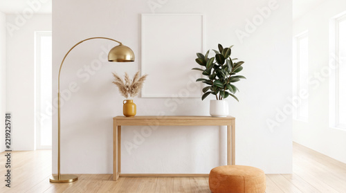 Entryway hall with brass arc floor lamp, oak console table, pampas grass and orange pouf