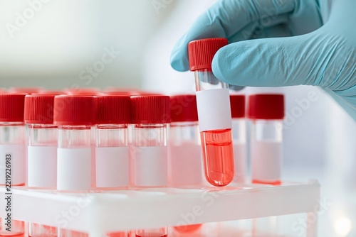 Gloved hand holding labelled blank sample tube with red cap above matching tubes in a white rack, close up of laboratory storage equipment