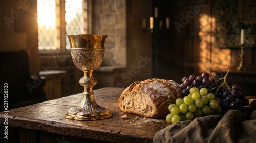 Sacred Communion Elements Chalice Bread and Grapes on a Rustic Table.