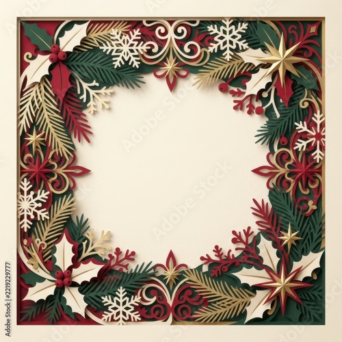Richly decorated Christmas holiday frame with green, red, and gold elements, intricate patterns, and snowflakes surrounding a cream center.