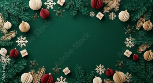 Festive green Christmas background with hanging red ornaments, pine branches, snowflakes, and gift boxes with copy space.