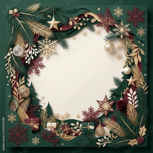 Rich green and gold Christmas holiday frame with festive ornaments, stars, and fir branches surrounding a blank circular center.