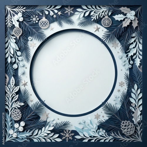 Elegant blue and white winter holiday frame with a round center, pine branches, and paper cut snowflakes for Christmas greeting cards.