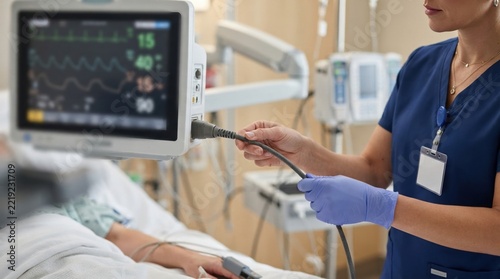 bedside monitor sensor cable inspection Nurse monitoring patient vital signs using medical equipment in hospital room