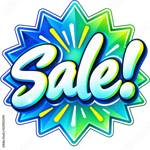 Bright blue and green starburst sale badge with the word Sale in bold white lettering