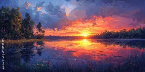 Vibrant sunset over calm lake reflects bright pink and purple clouds, silhouetted trees line distant horizon. Generative by AI.