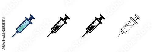 Syringe icon set: color, silhouette, outline, and line art.