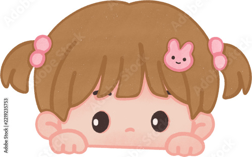 Cute Girl Peeking with Bunny Hair Clips Kawaii Cartoon