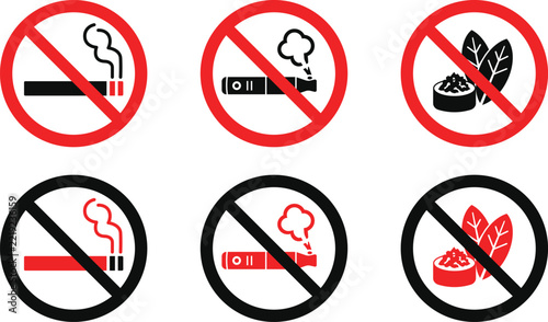 No Smoking and Tobacco Prohibition Sign Set Featuring Cigarette, Cigar, Food and Smoking Restriction Symbols Vector Illustration
