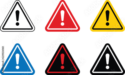 Warning triangle Sign Icon Set Featuring Exclamation Mark Symbols in Black, Red, Yellow, Blue and Monochrome Safety Colors Vector Illustration