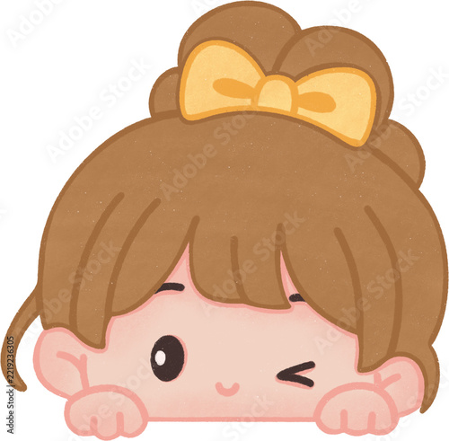 Cute Girl Peeking with Brown Hair and Yellow Bow