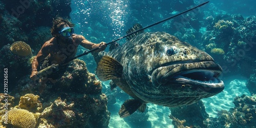 Underwater scene of spearfisher in mask near giant fish swimming over sandy seafloor with rocks and coral. Generative by AI.