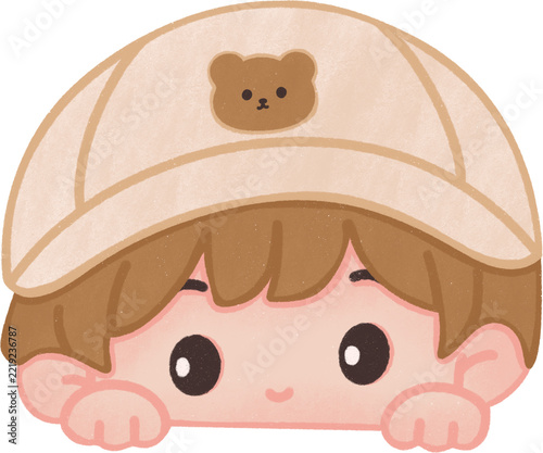 Cute Kid Peeking with Bear Hat Kawaii Cartoon