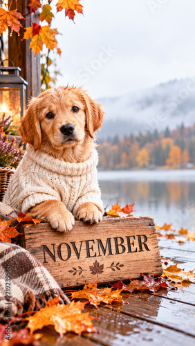 Ginger Puppy in a Knitted Sweater with a Wooden November Sign on an Autumn Lakeside Terrace, Copy Space Above