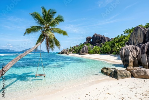 Tropical Beach Swing with Palm Tree and Turquoise Water