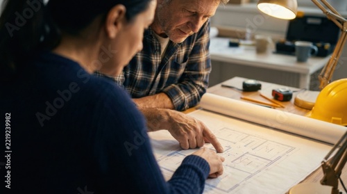 Homeowner and contractor reviewing unrolled blueprints and floor plans on a table