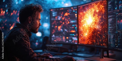 Person at workstation with multiple monitors displaying simulated space explosion in digital environment. Generative by AI.