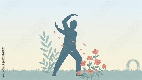 Tai chi practice and mindful movement vector illustration. Person exercising outdoors in a garden